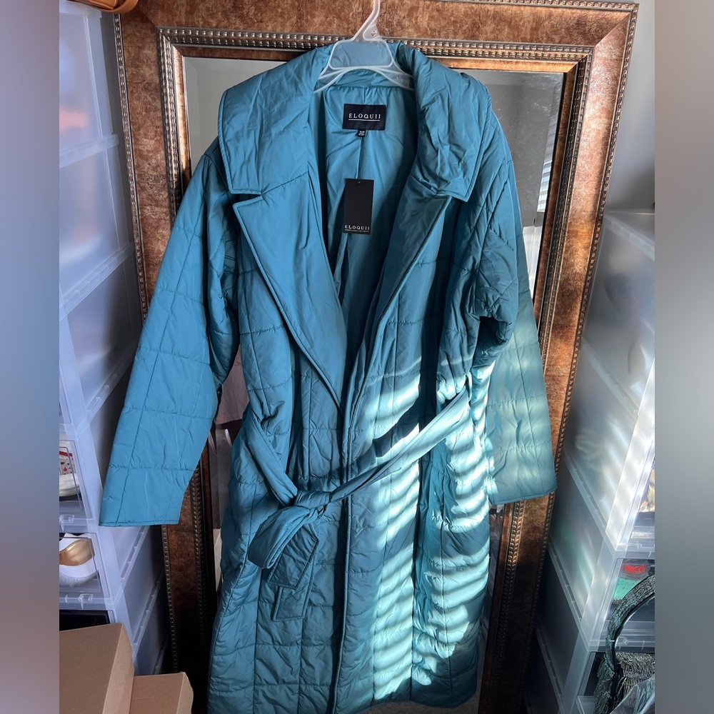 Eloquii maxi puffer jacket with tie waist